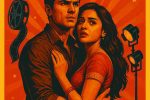 Indian cinema poster illustration of a dramatic couple with film reel and cityscape"
