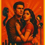 Indian cinema poster illustration of a dramatic couple with film reel and cityscape"