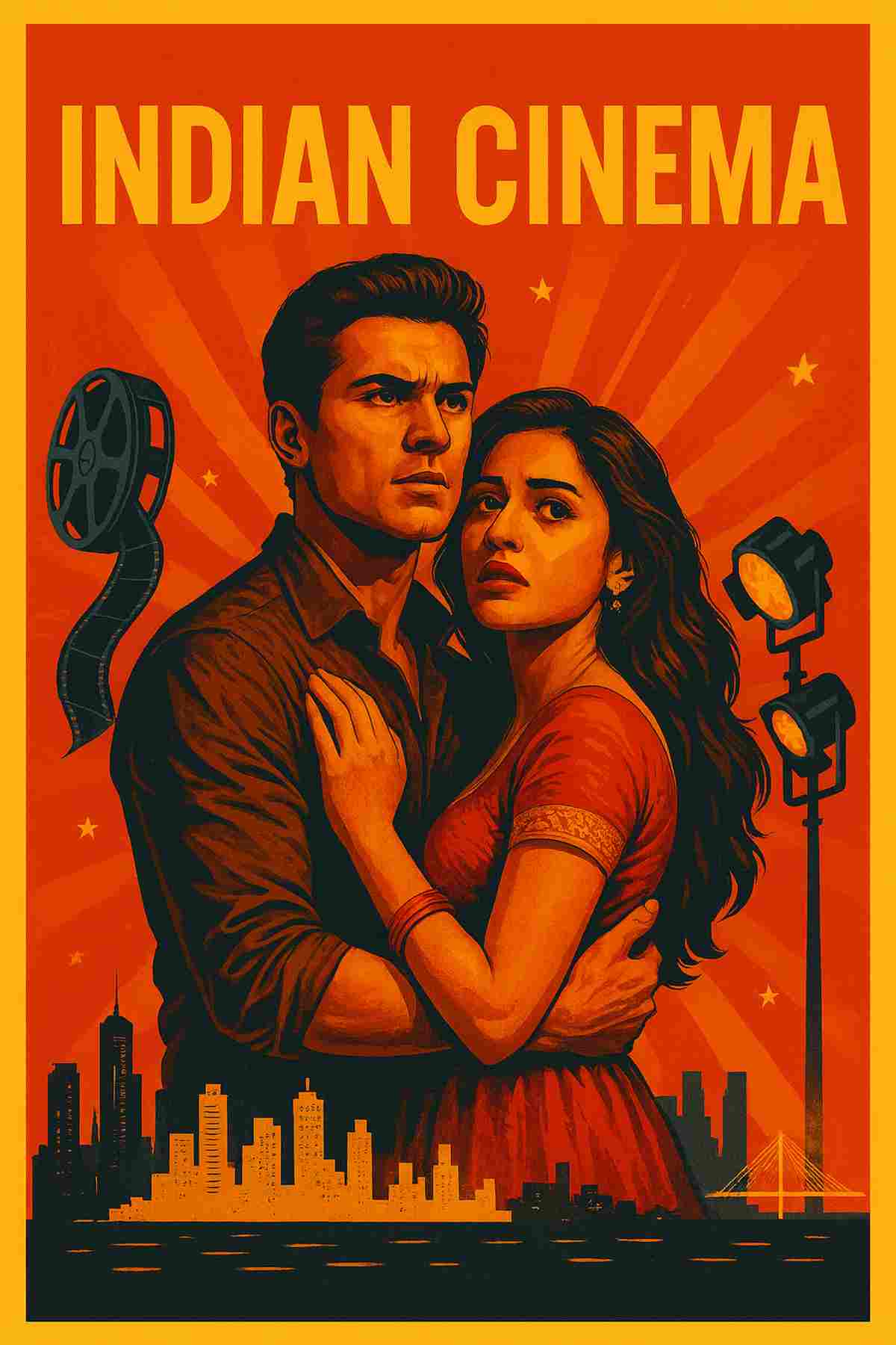 Indian cinema poster illustration of a dramatic couple with film reel and cityscape"