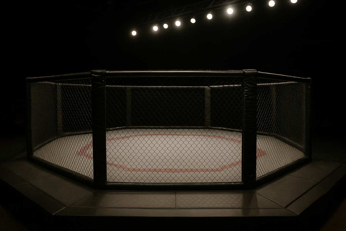 Empty MMA octagon cage under bright lights in an arena"