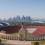 Olympic stadium with Los Angeles skyline in the background"