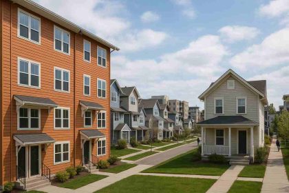 "Row of modern houses in a suburban US neighborhood"