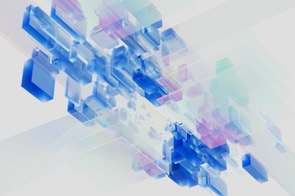 "Abstract 3D digital blocks in blue and purple tones forming a futuristic pattern"