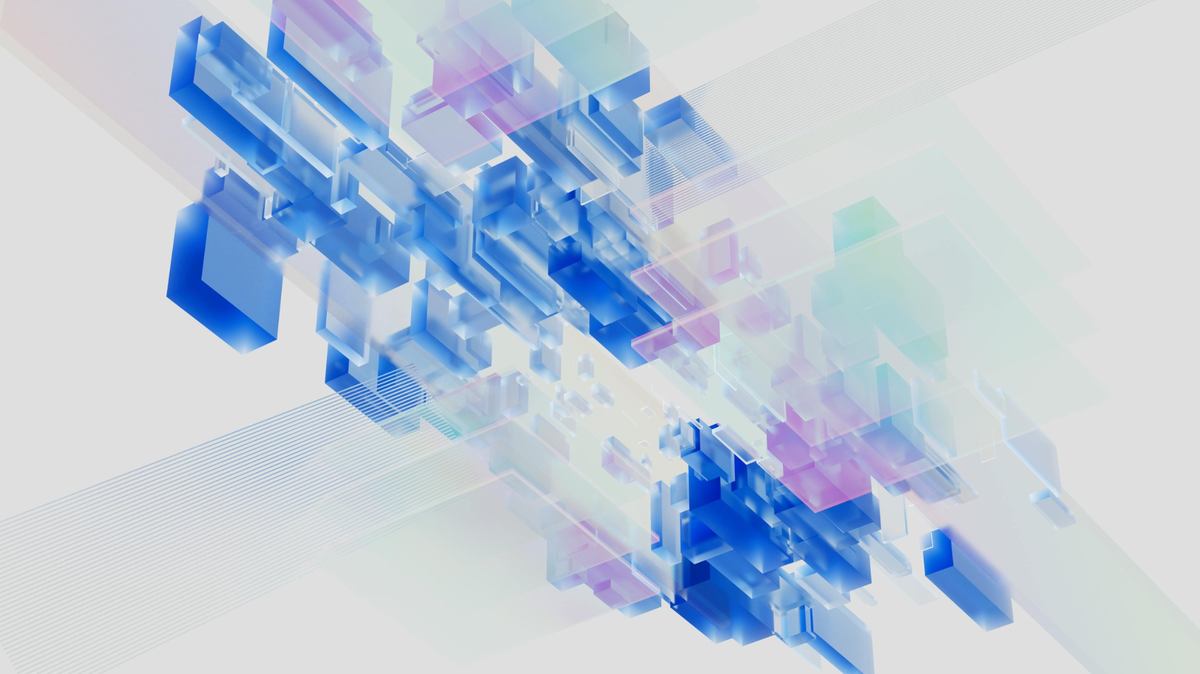 "Abstract 3D digital blocks in blue and purple tones forming a futuristic pattern"