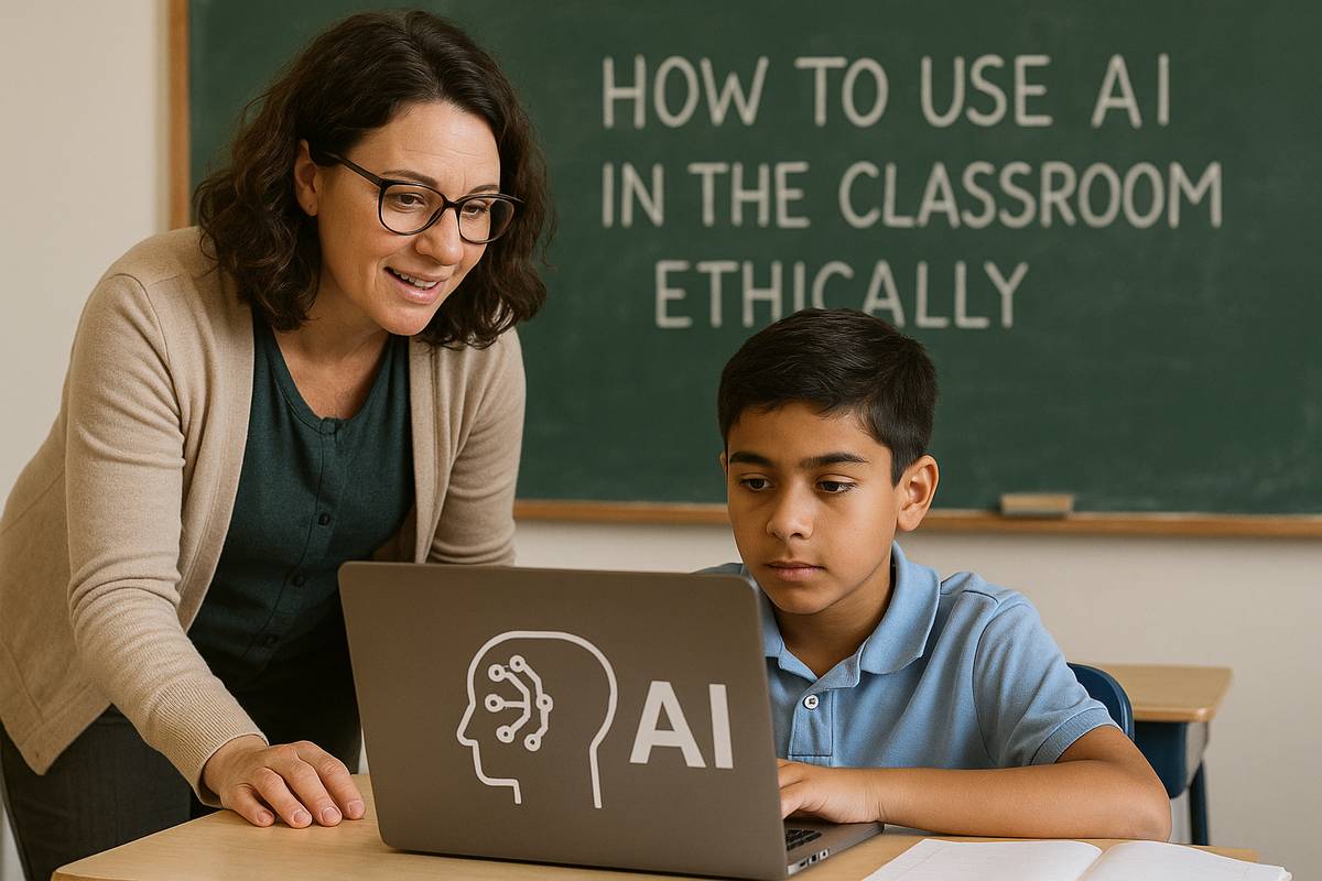 Teacher guiding a student on using artificial intelligence responsibly in the classroom.