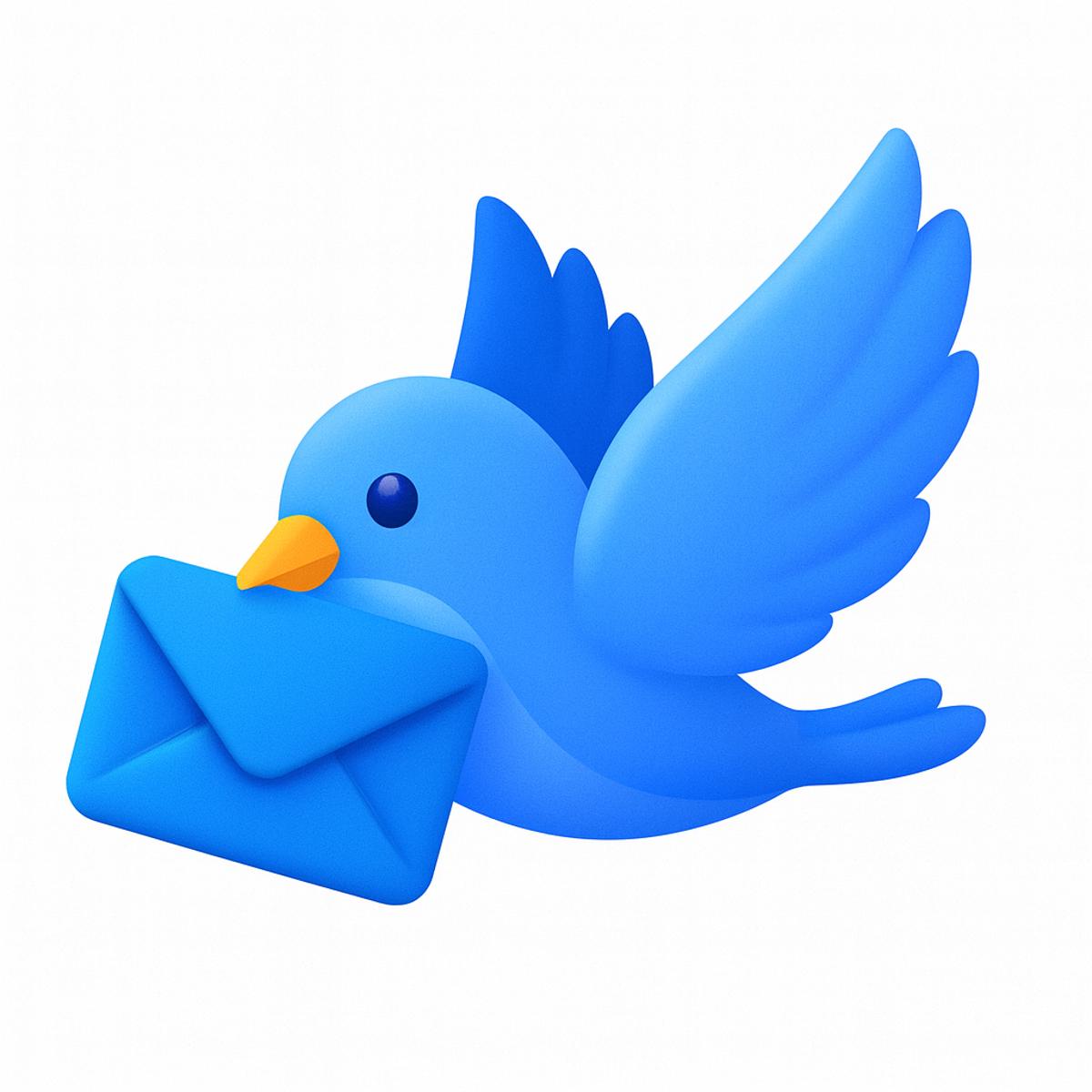 Blue cartoon bird flying with an envelope in its beak, symbolizing email or message delivery.