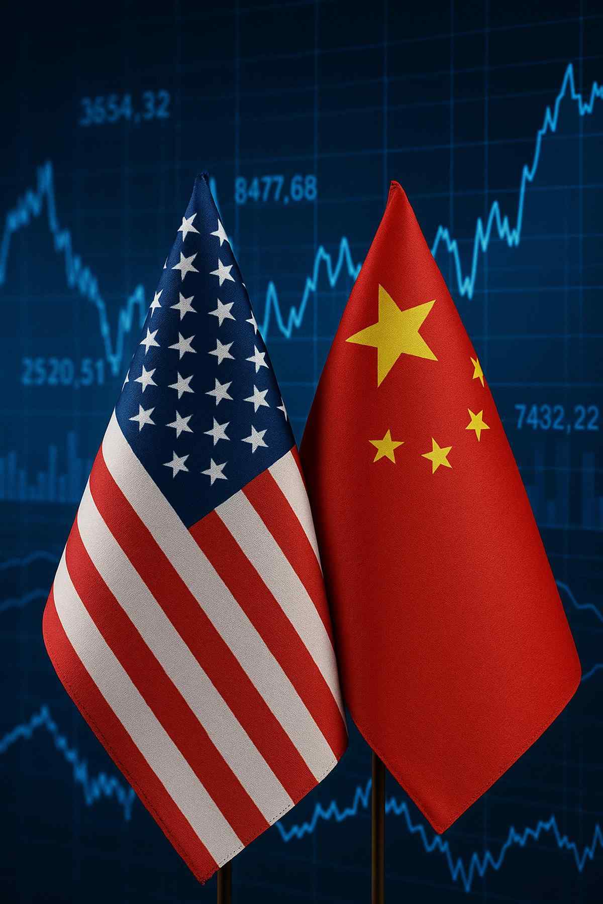 U.S. and China national flags side by side with a financial chart in the background symbolizing trade tensions.