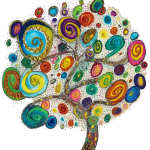 Abstract colorful tree painting with swirled branches on a transparent background.