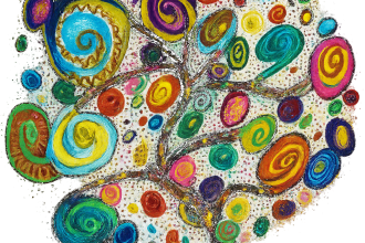 Abstract colorful tree painting with swirled branches on a transparent background.