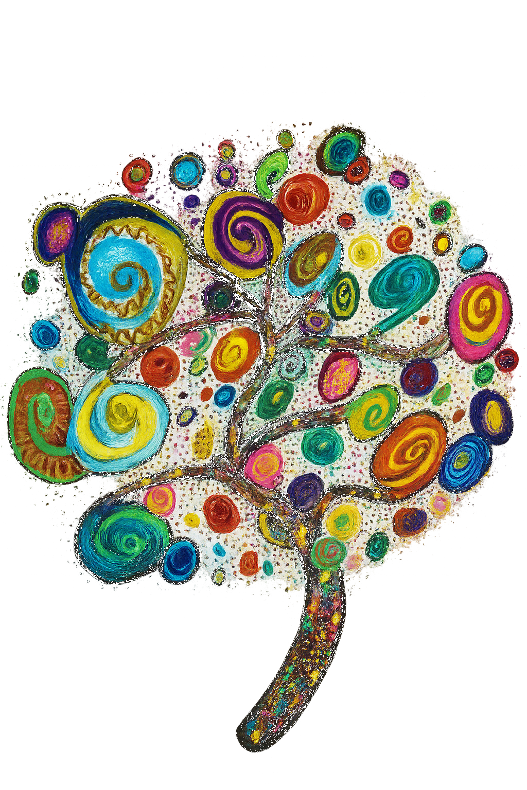 Abstract colorful tree painting with swirled branches on a transparent background.