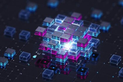 Abstract 3D digital blocks glowing in blue and pink, symbolizing blockchain technology and data exchange.