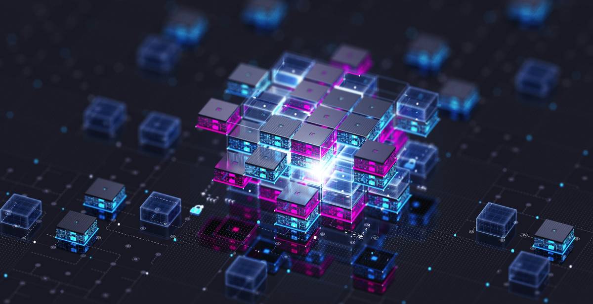 Abstract 3D digital blocks glowing in blue and pink, symbolizing blockchain technology and data exchange.