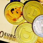 “Dogecoin cryptocurrency coins placed on top of a 100 euro banknote.