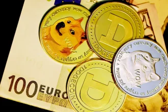 “Dogecoin cryptocurrency coins placed on top of a 100 euro banknote.