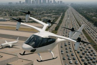 A sleek white eVTOL flying taxi hovers above a crowded city highway near an airport with airplanes on the tarmac and skyscrapers visible in the distance.