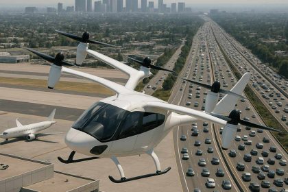 A sleek white eVTOL flying taxi hovers above a crowded city highway near an airport with airplanes on the tarmac and skyscrapers visible in the distance.