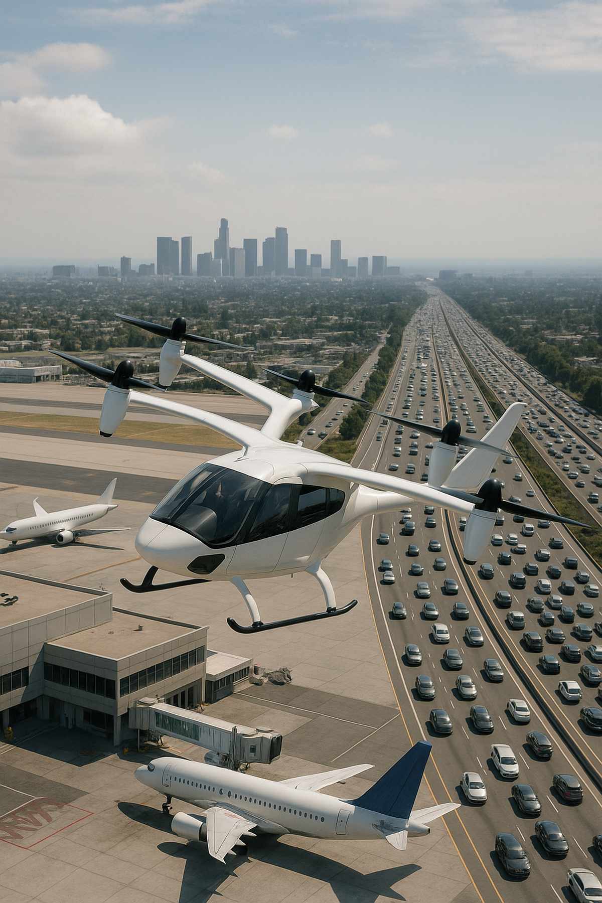 A sleek white eVTOL flying taxi hovers above a crowded city highway near an airport with airplanes on the tarmac and skyscrapers visible in the distance.