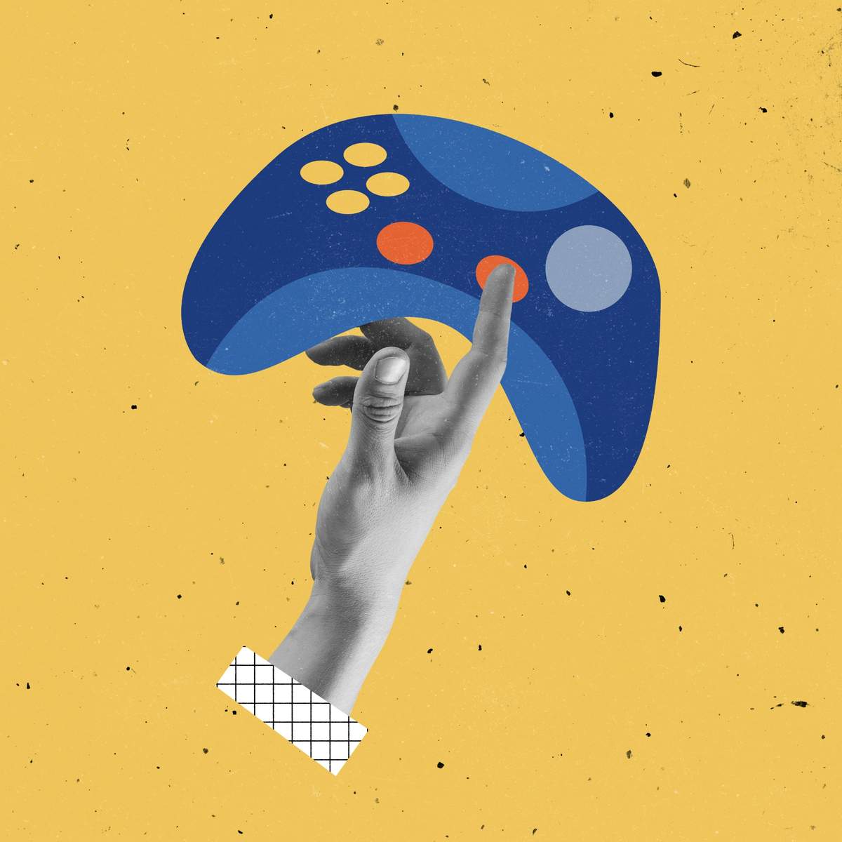 Hand reaching toward a blue video game controller on a yellow background.