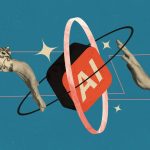 Two hands reaching toward an AI symbol, representing the balance between innovation and regulation.”