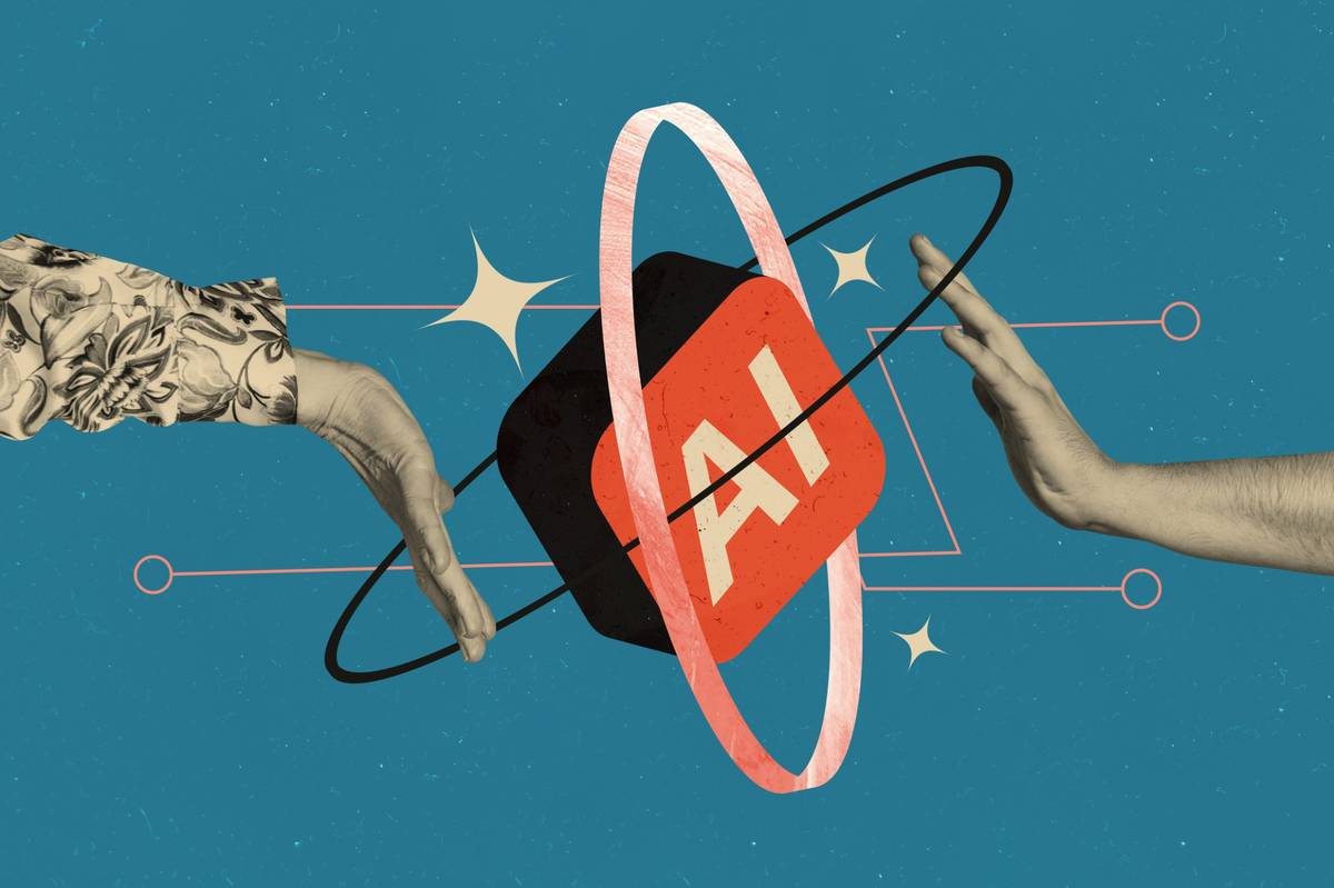 Two hands reaching toward an AI symbol, representing the balance between innovation and regulation.”