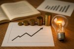 A glowing light bulb beside rising stacks of coins on a wooden desk with charts and graphs, symbolizing innovation and economic growth.