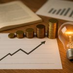 A glowing light bulb beside rising stacks of coins on a wooden desk with charts and graphs, symbolizing innovation and economic growth.