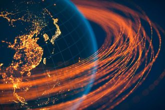 Digital visualization of global supply chains with illuminated trade routes across Asia.”