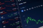 A financial trading dashboard showing live market indices with green and red graphs.