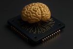A 3D-rendered golden brain model resting on a black microchip, symbolizing neuromorphic computing.