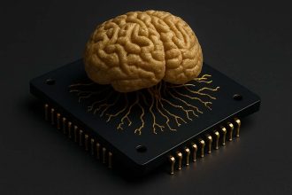 A 3D-rendered golden brain model resting on a black microchip, symbolizing neuromorphic computing.