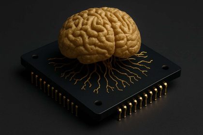 A 3D-rendered golden brain model resting on a black microchip, symbolizing neuromorphic computing.