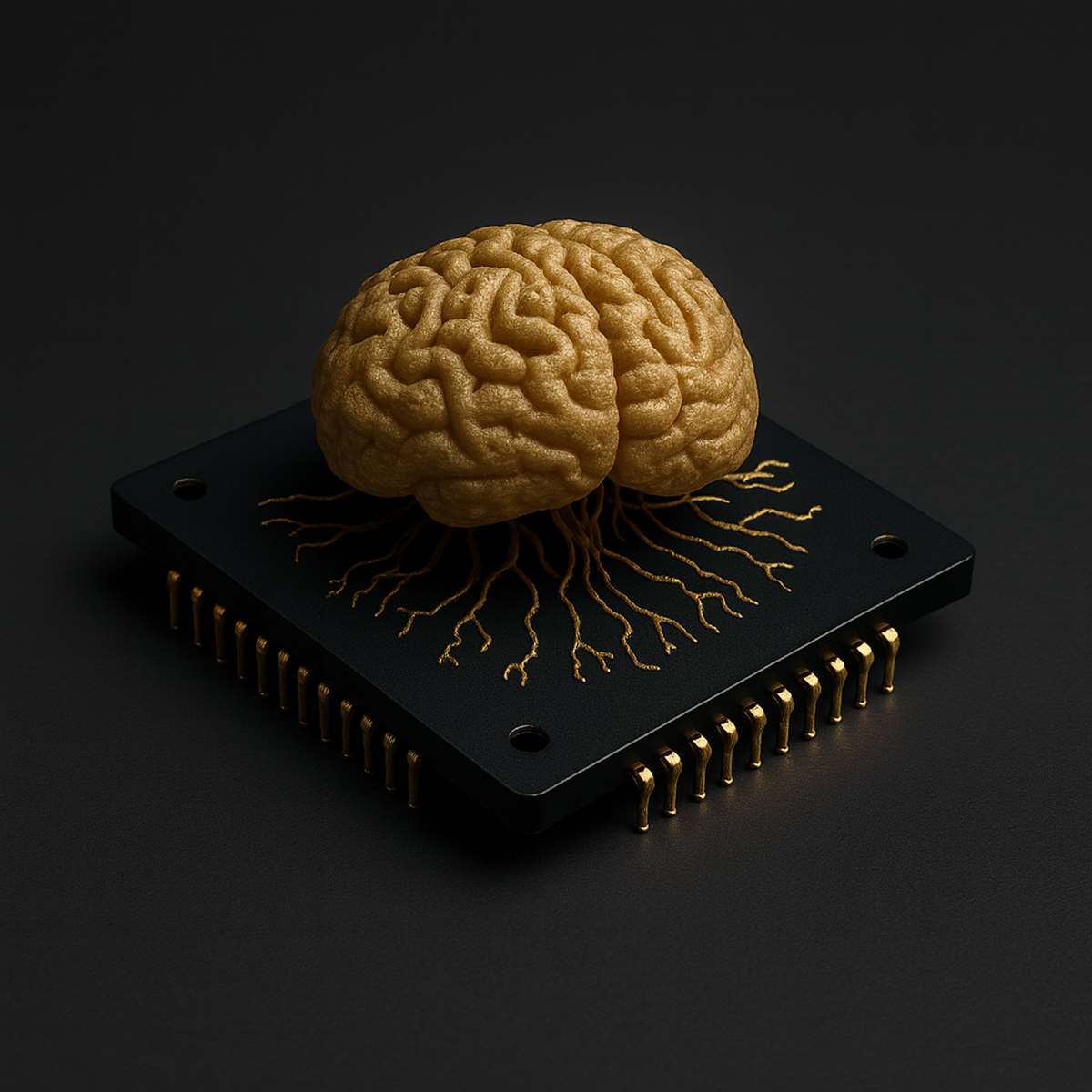 A 3D-rendered golden brain model resting on a black microchip, symbolizing neuromorphic computing.