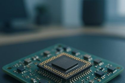 Close-up of a green printed circuit board featuring a central microchip with gold connectors, symbolizing modern miniaturized embedded technology.