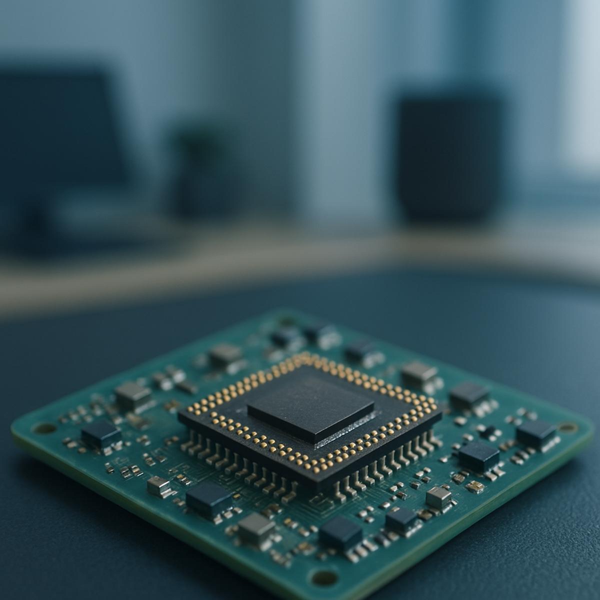 Close-up of a green printed circuit board featuring a central microchip with gold connectors, symbolizing modern miniaturized embedded technology.
