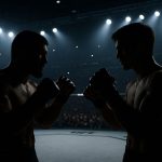 Two mixed martial arts fighters face off inside an octagon under bright arena lights, preparing for a match before a cheering crowd.