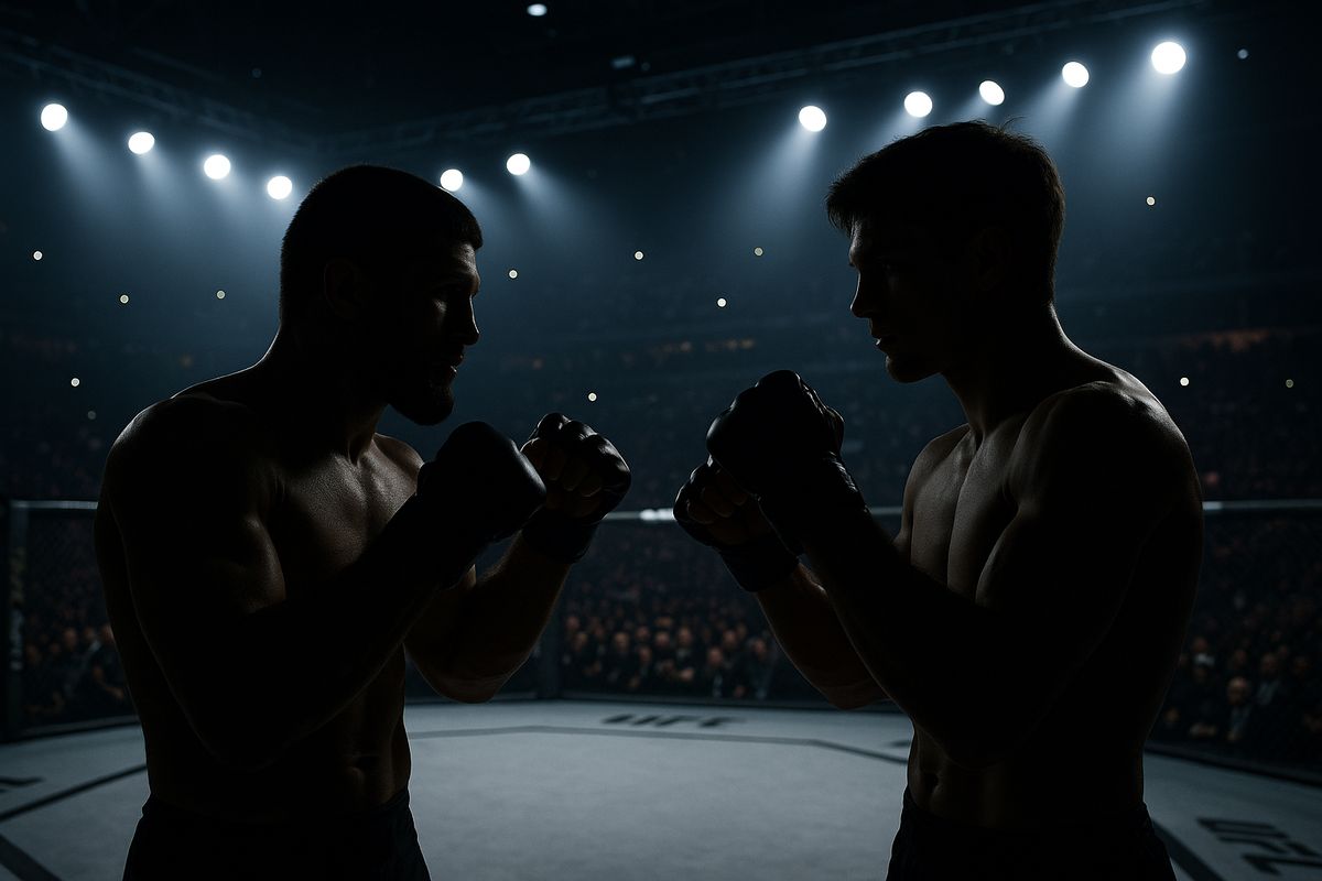 Two mixed martial arts fighters face off inside an octagon under bright arena lights, preparing for a match before a cheering crowd.