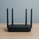 A modern Wi-Fi 7 router with four antennas placed on a light wooden desk against a soft blue-gray wall.