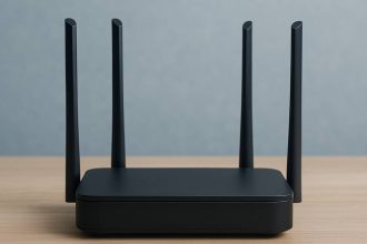 A modern Wi-Fi 7 router with four antennas placed on a light wooden desk against a soft blue-gray wall.