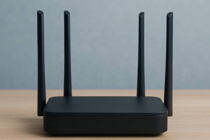 A modern Wi-Fi 7 router with four antennas placed on a light wooden desk against a soft blue-gray wall.