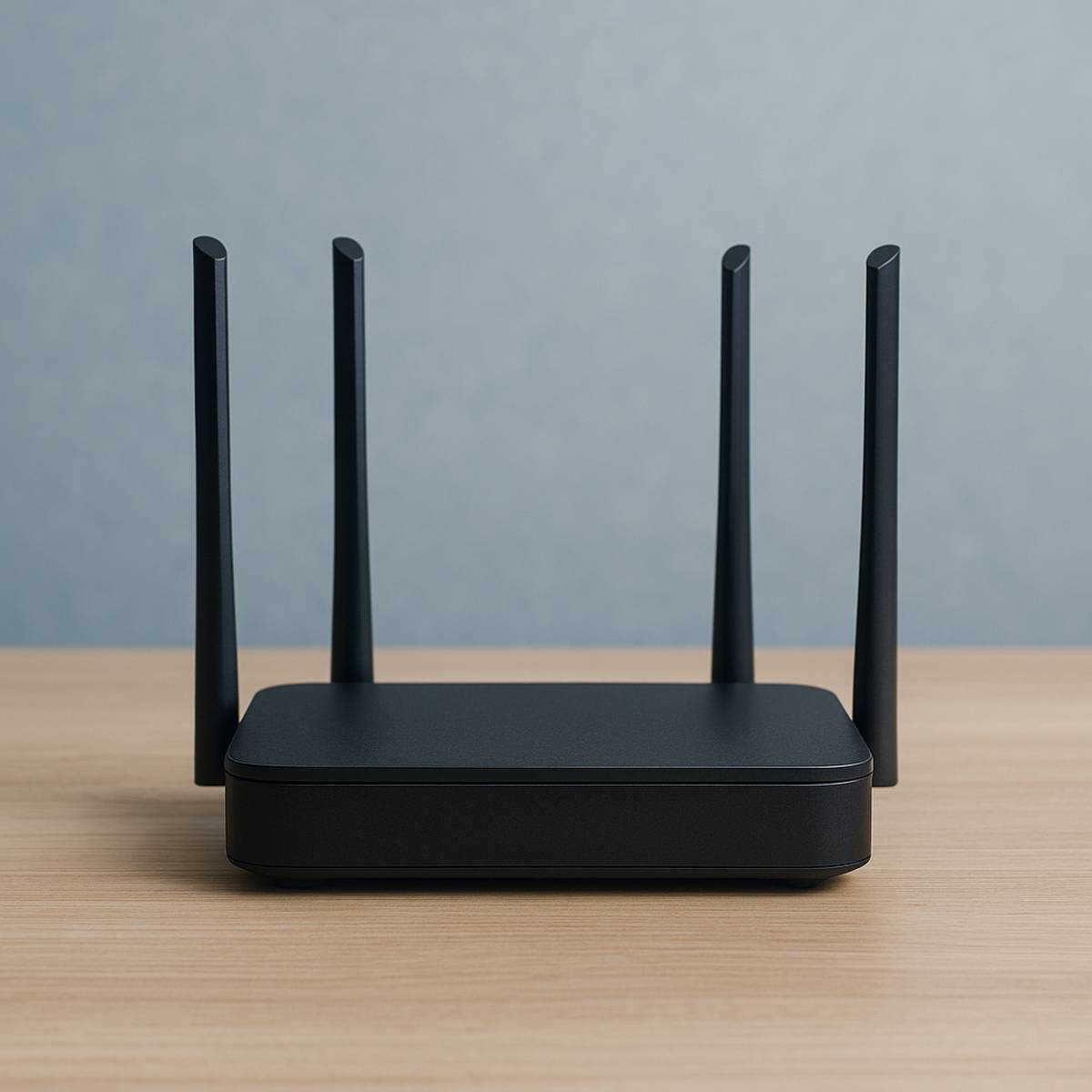 A modern Wi-Fi 7 router with four antennas placed on a light wooden desk against a soft blue-gray wall.