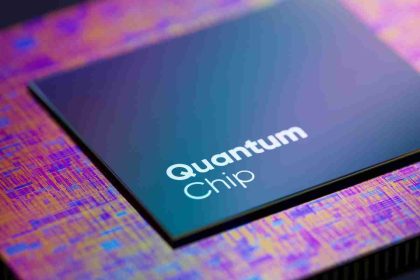 Close-up of a quantum chip with vibrant circuitry colors.