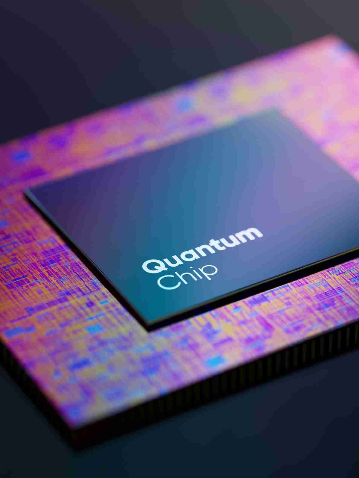 Close-up of a quantum chip with vibrant circuitry colors.