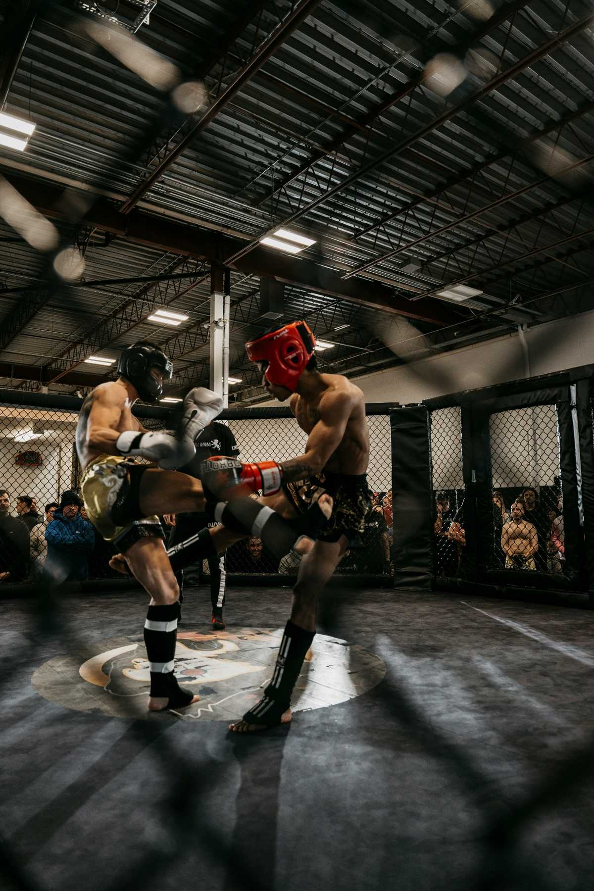 Two fighters in protective gear exchanging kicks inside an MMA cage during a live match.