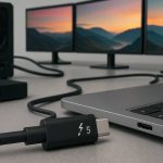 Thunderbolt 5 cable connected to a laptop with multiple high-resolution monitors and an external GPU dock in the background.