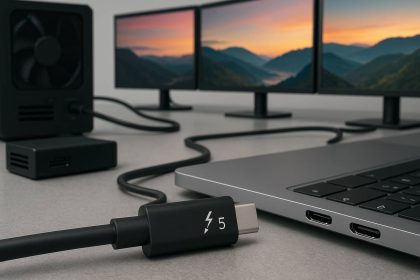 Thunderbolt 5 cable connected to a laptop with multiple high-resolution monitors and an external GPU dock in the background.