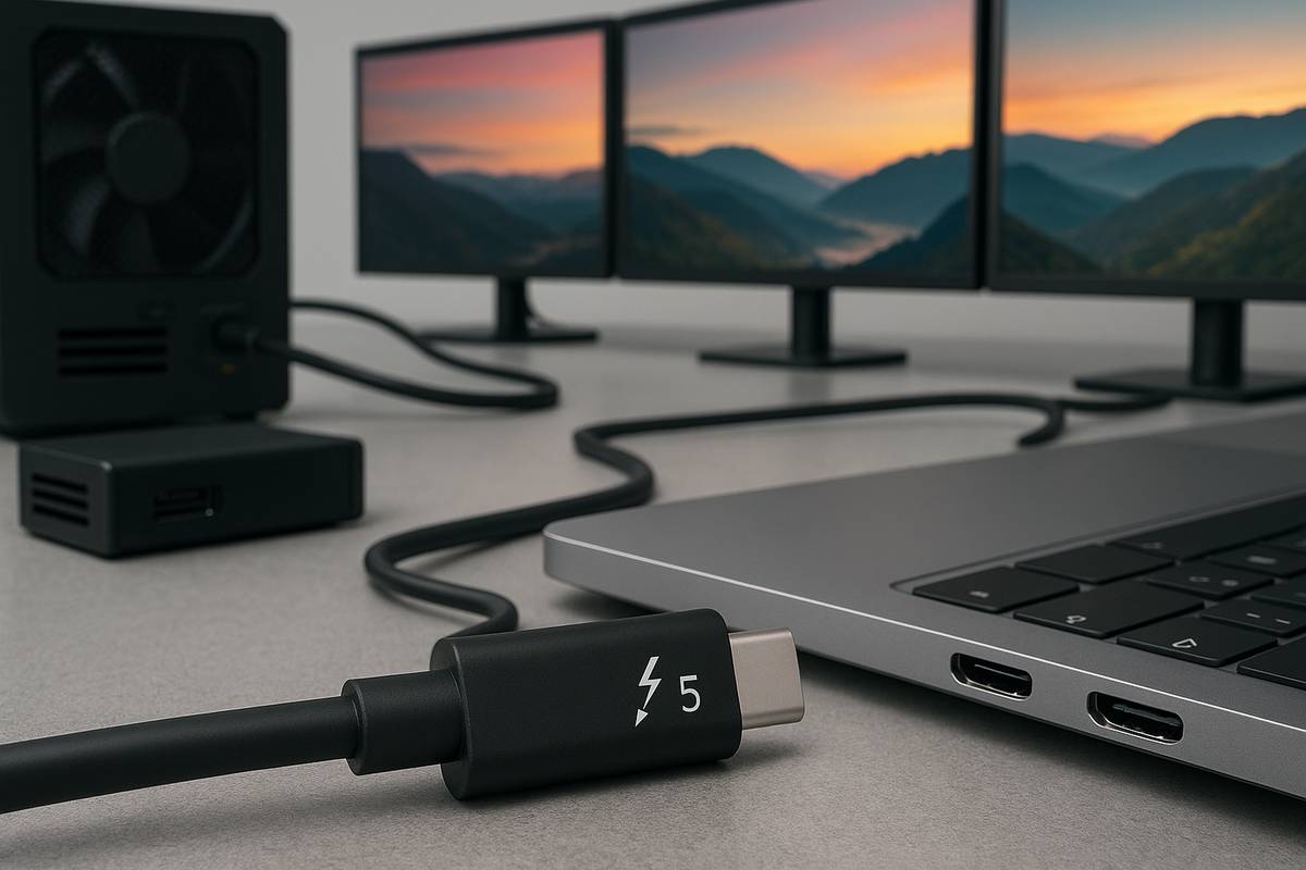 Thunderbolt 5 cable connected to a laptop with multiple high-resolution monitors and an external GPU dock in the background.