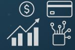 Fintech concept illustration showing digital finance icons including a dollar symbol, growth chart, credit card, and circuit connection on a blue background.