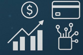 Fintech concept illustration showing digital finance icons including a dollar symbol, growth chart, credit card, and circuit connection on a blue background.
