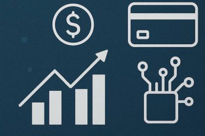 Fintech concept illustration showing digital finance icons including a dollar symbol, growth chart, credit card, and circuit connection on a blue background.