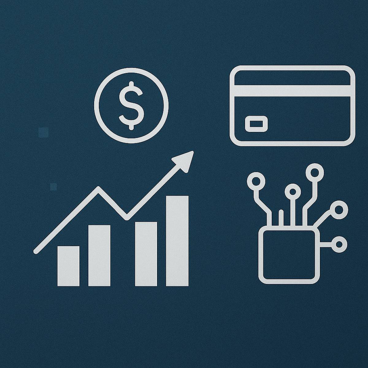 Fintech concept illustration showing digital finance icons including a dollar symbol, growth chart, credit card, and circuit connection on a blue background.